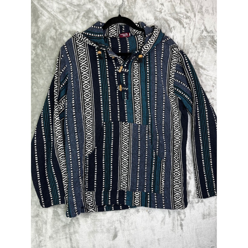Himalayan‎ Shop Baja Hoodie Mens Large Blue Striped Excellent Vintage Pullover